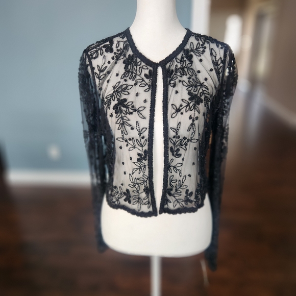 Scala Jackets & Blazers - SCALA NWT Vintage Sheer Black Beaded Long Sleeve Evening Jacket / Bolero Sz: L